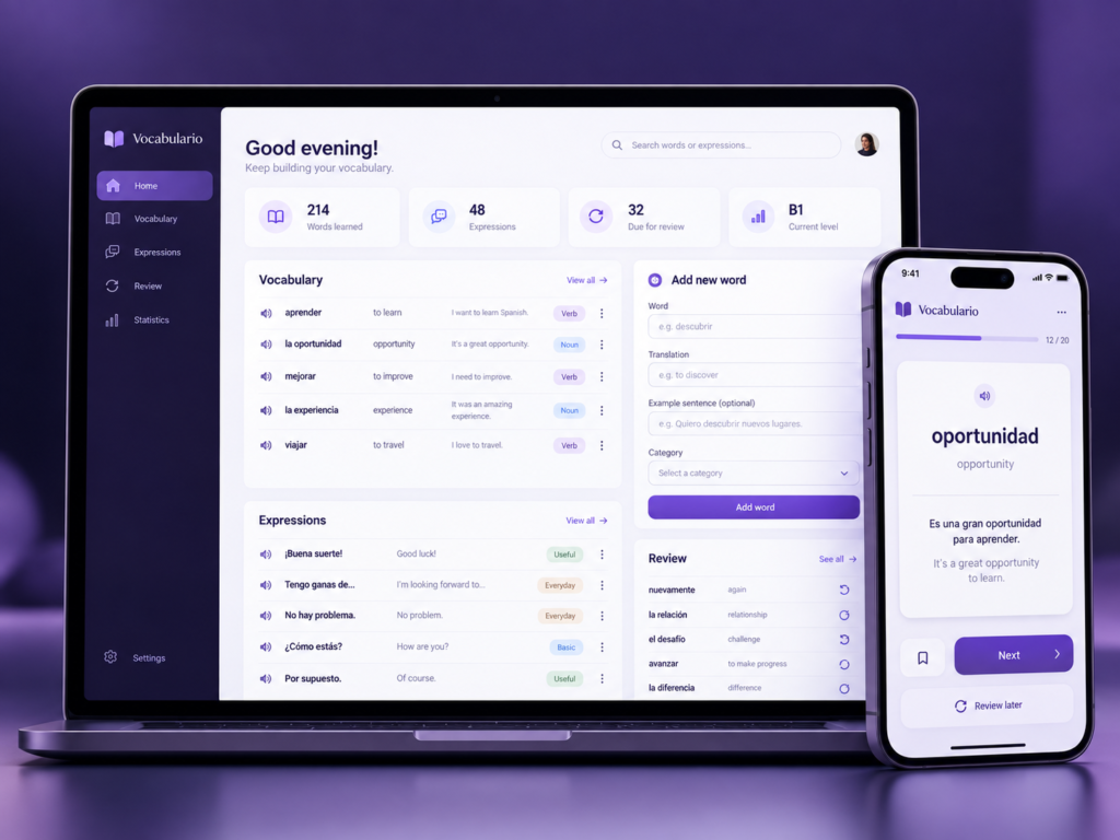 Presentación premium de app de vocabulario